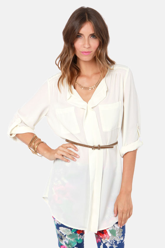 Down to Business Belted Ivory Tunic Top