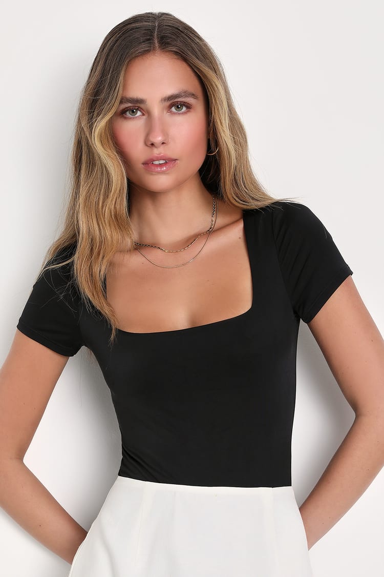 Women's Long Sleeves Square Cut Bodysuit Bodice Tops Tee Shirt - Black