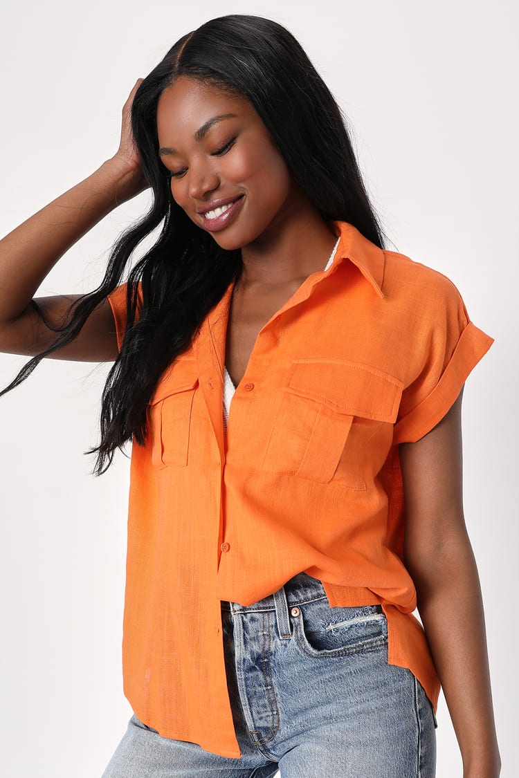 Effortless Simplicity Orange Linen Short Sleeve Button-Up Top