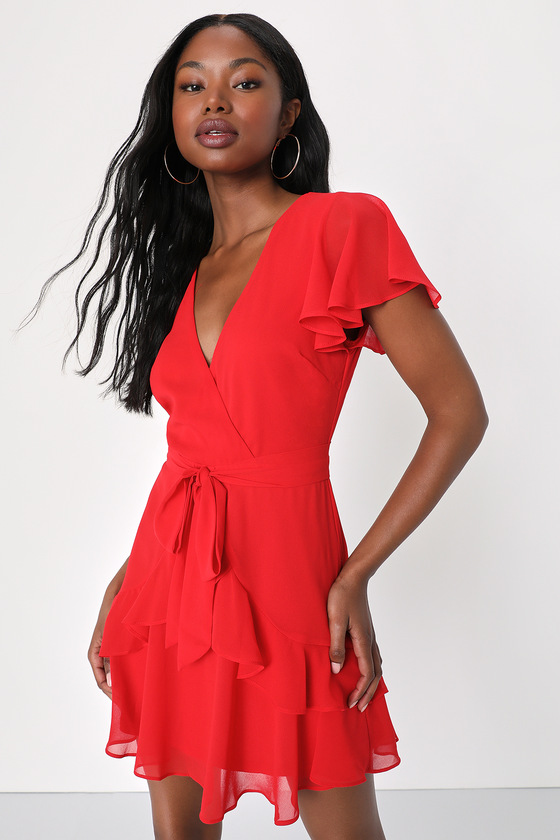 Cute Red Dress - Faux Wrap Dress - Red Ruffled Mini Dress - Lulus