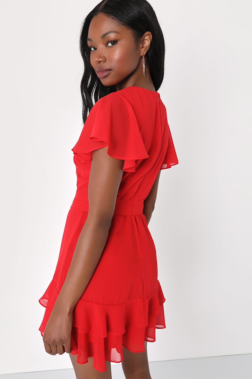 fitted lace wedding dress Riasi Ruffle Mini Dress in Chiffon Red , V Neck