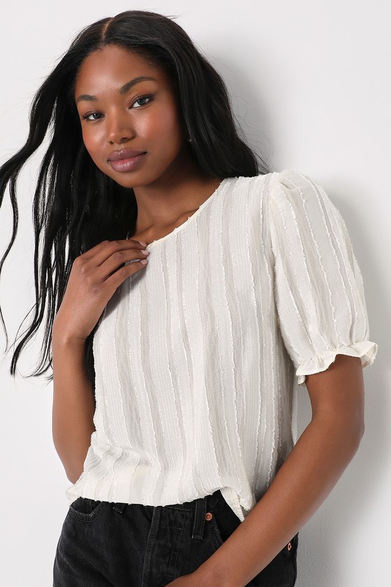 Ivory Burnout Top - Striped Short Sleeve Top - Puff Sleeve Top - Lulus