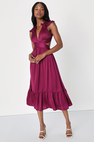 Polished Elegance Plum Purple Ruffled Lace-Up Midi Dress