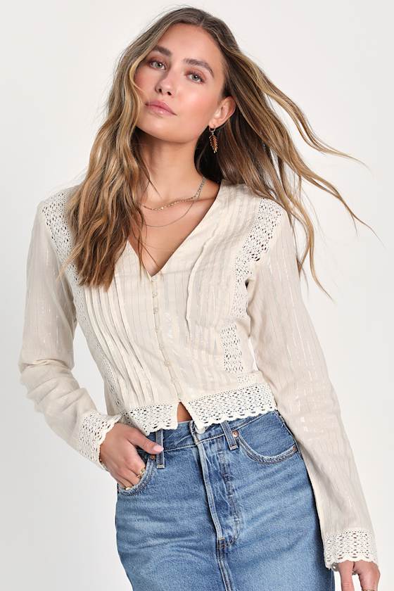 Cream Pleated Top Lurex Lace Top ButtonUp Top Cute Top Lulus
