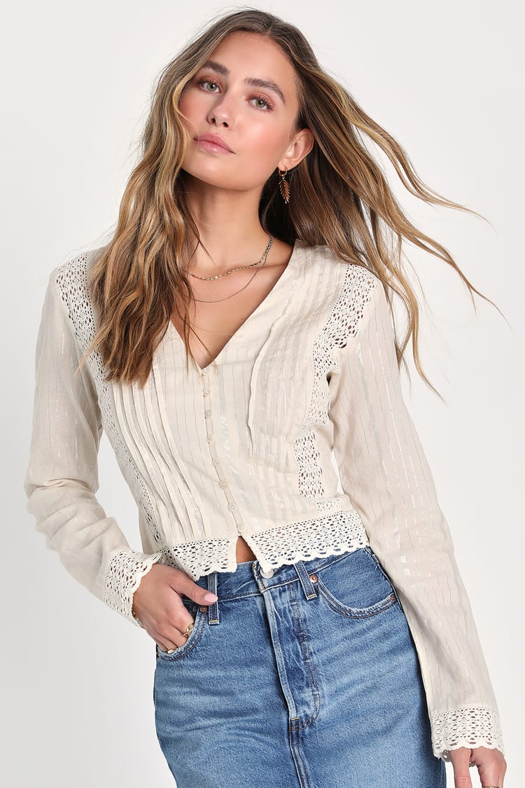 Button-Up - Lulus Pleated - - Top Cream Top Lurex Cute Top - Top Lace