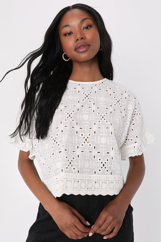 Ivory Embroidered Top - Short Sleeve Top - Cotton Top - Boxy Top - Lulus