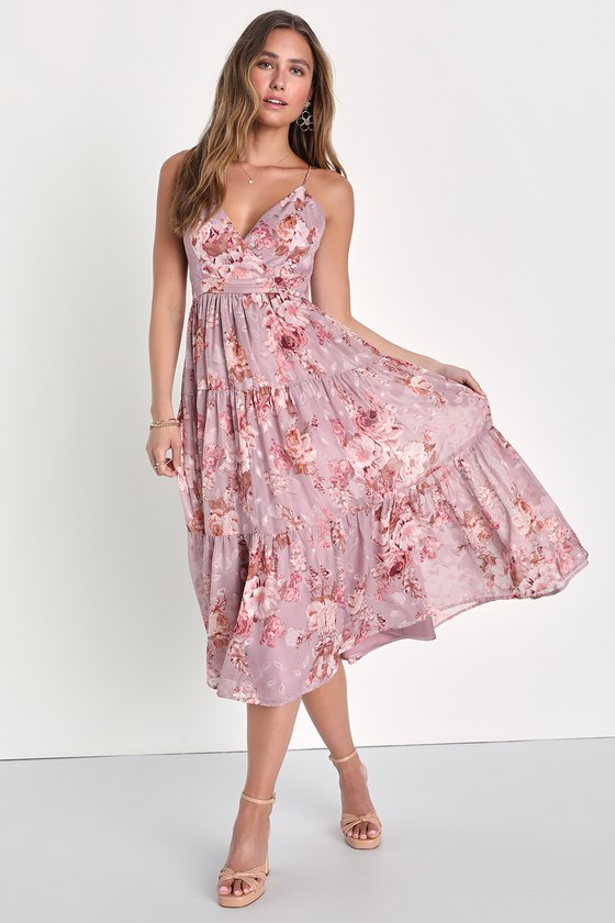 Lulus Lovely Energy Mauve Floral Print Tiered Backless Midi Dress