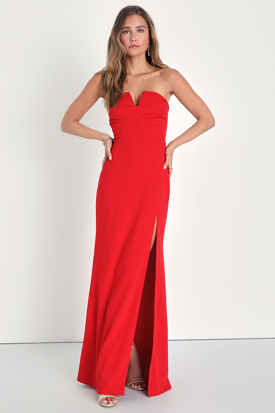 Lulus Effortless Radiance Red Strapless Mermaid Maxi Dress