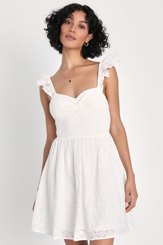 Lulus Sweetly Sincere White Ruffled Eyelet Embroidered Mini Dress