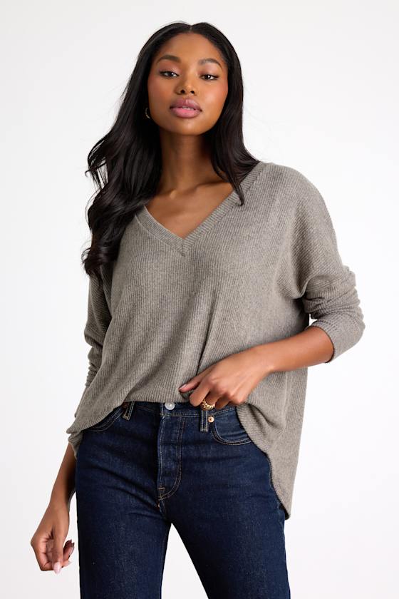 Olive Green Top - Ribbed Long Sleeve Top - V-Neck Slouchy Top - Lulus