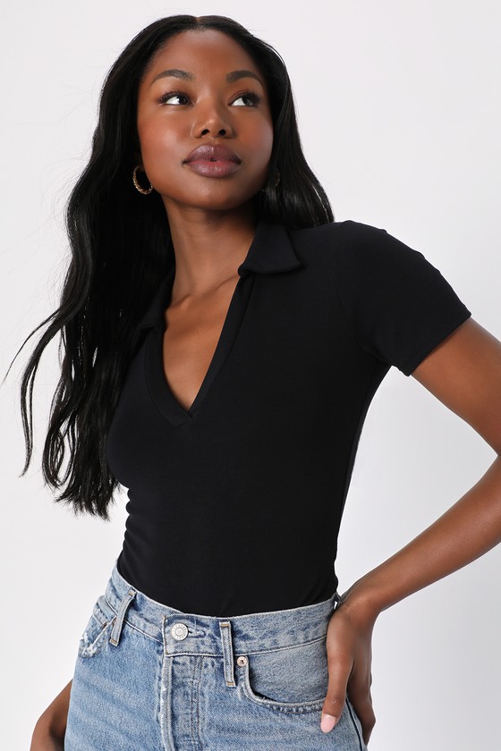 Lulus Everyday Aesthetic Black Collared Bodysuit