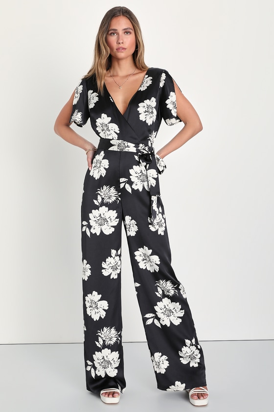 Black Floral Jumpsuit - Satin Jumpsuit - Split Sleeve Jumpsuit - Lulus