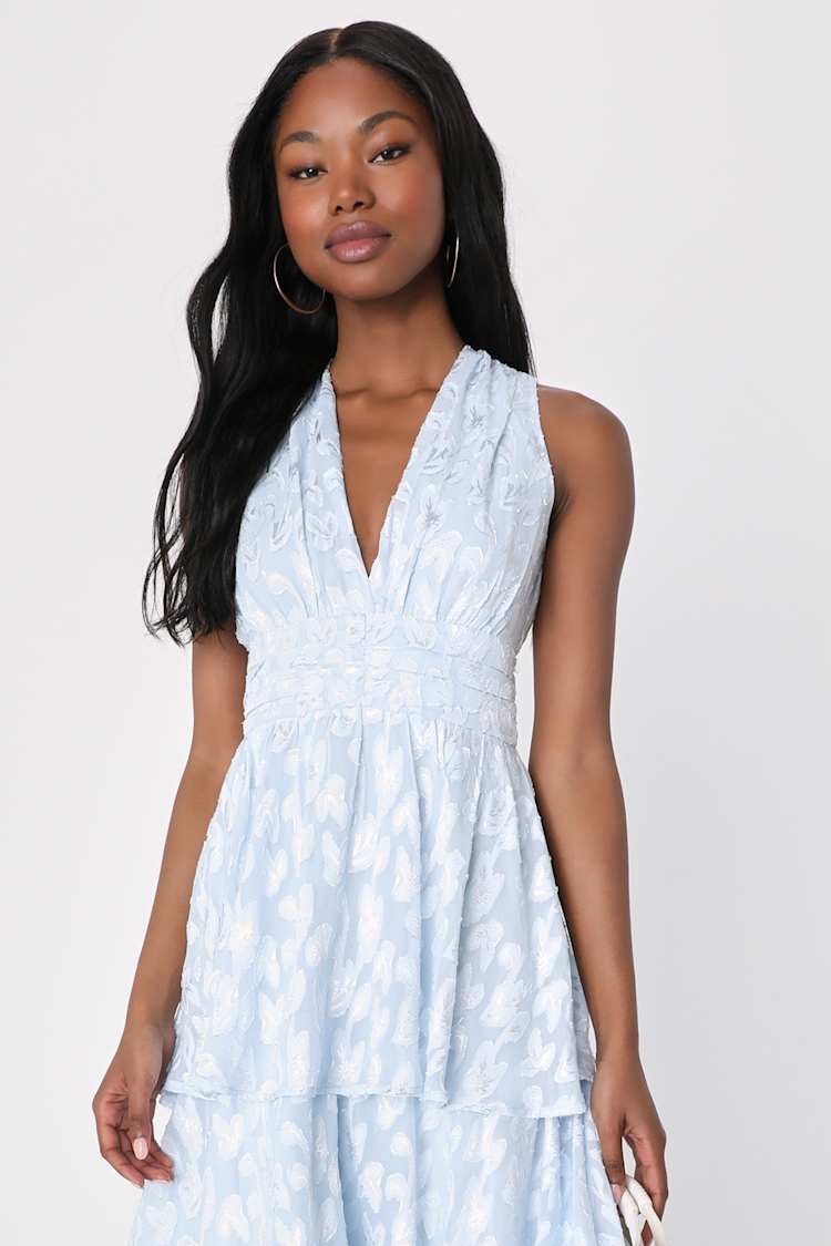 Make It Mesmerizing Light Blue Jacquard Tiered Midi Dress