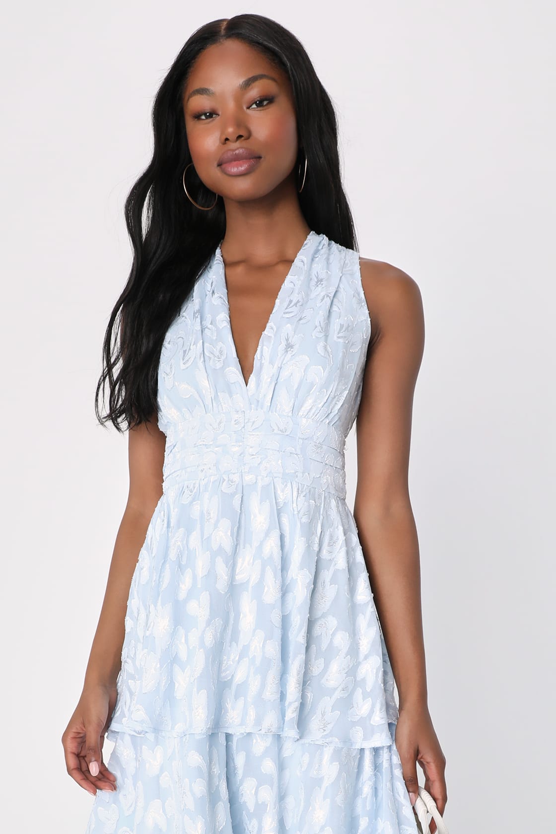 Make It Mesmerizing Light Blue Jacquard Tiered Midi Dress