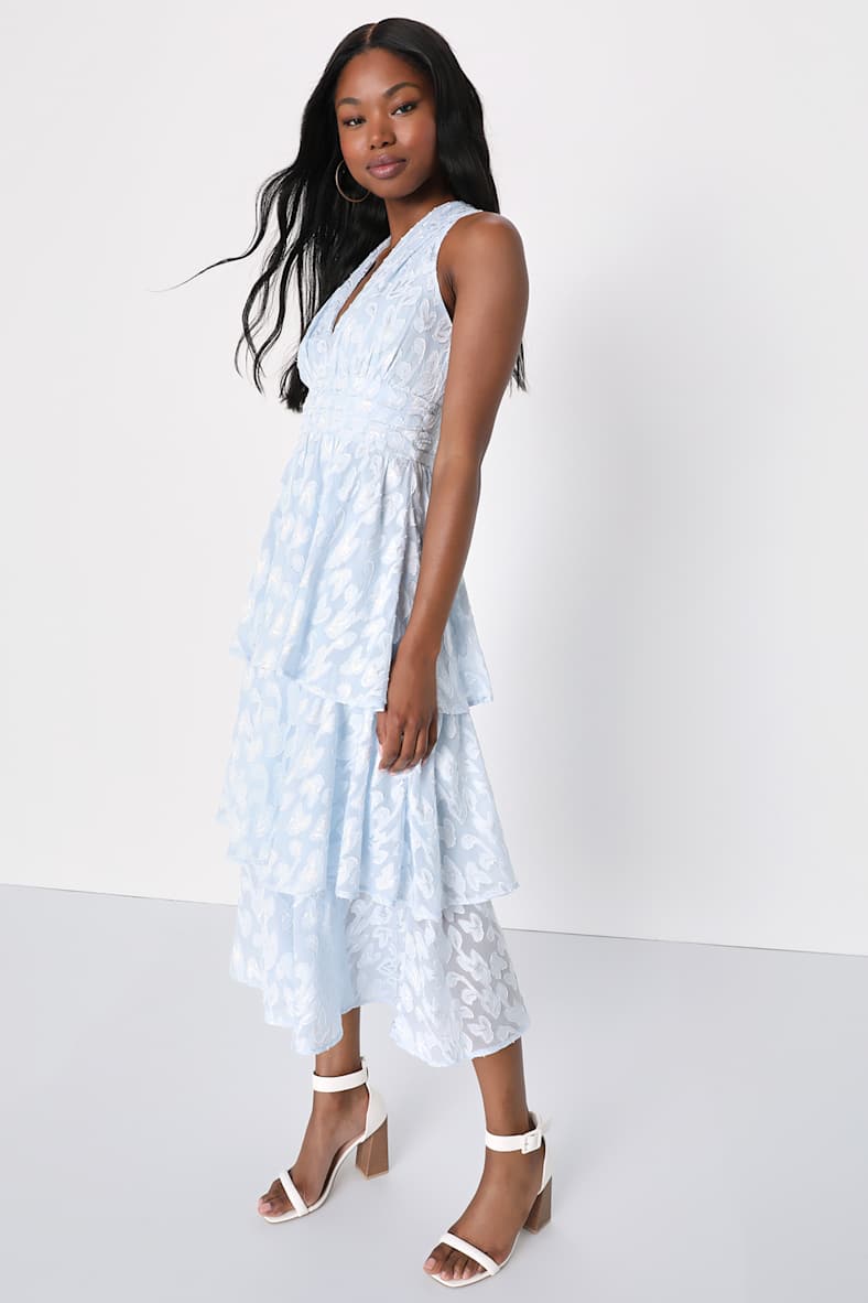 Make It Mesmerizing Light Blue Jacquard Tiered Midi Dress