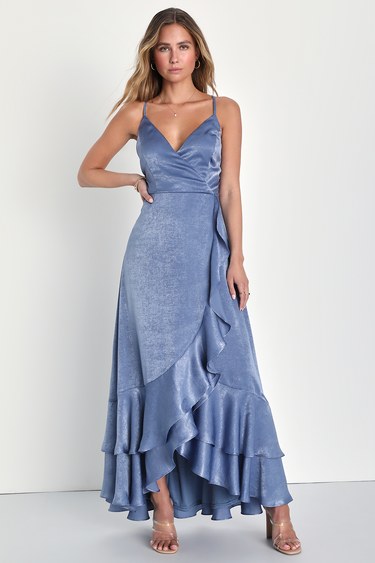 In Love Forever Slate Blue Satin Lace-Up High-Low Maxi Dress