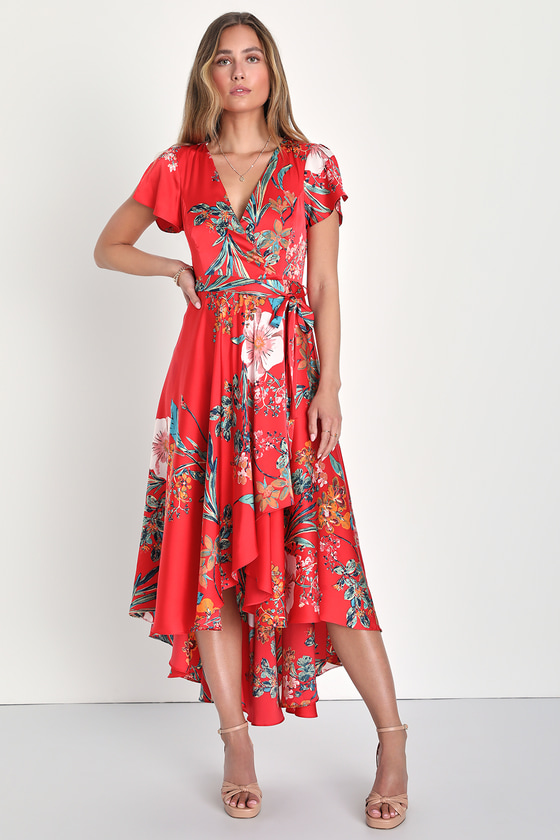 Lulus Delightful Dreaming Red Floral Satin Faux-wrap High-low Dress
