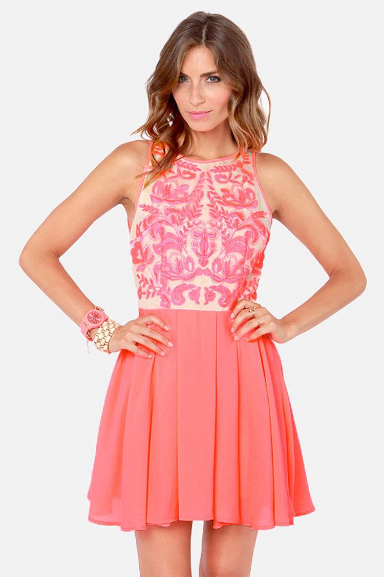 Keepsake Golden Child Dress - Embroidered Dress - Neon Coral Dress -  $157.00 - Lulus
