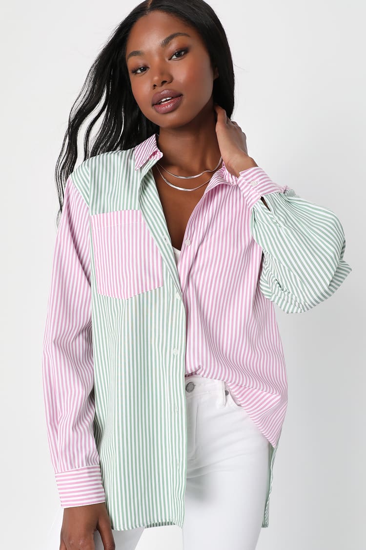 Color Block Top - Striped Button-Up - Pink and Green Button-Up - Lulus