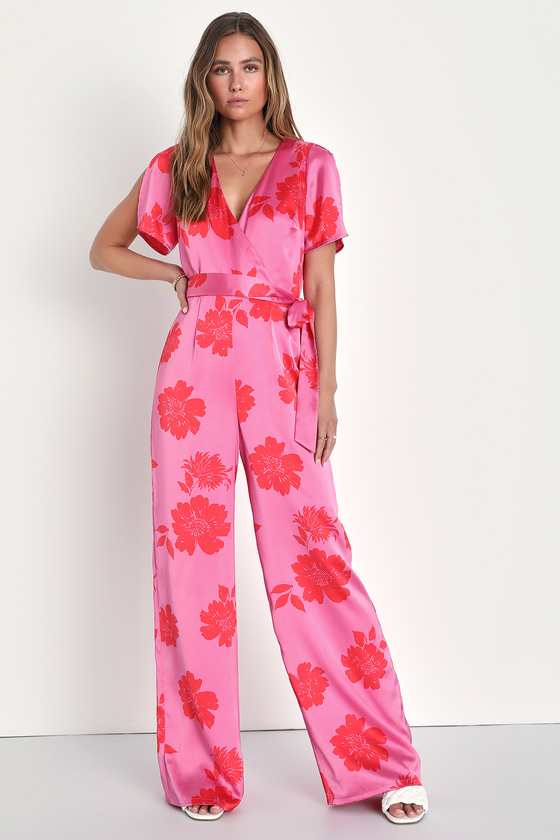 Pink Floral Jumpsuit - Satin Jumpsuit - Split Sleeve Jumpsuit - Lulus