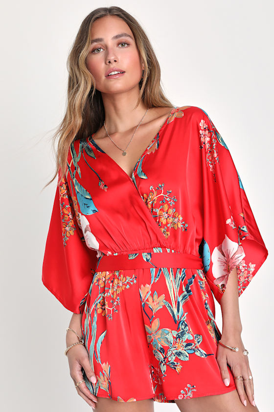Women Pink & Red Leaf Print Notched Collar Romper main image 1