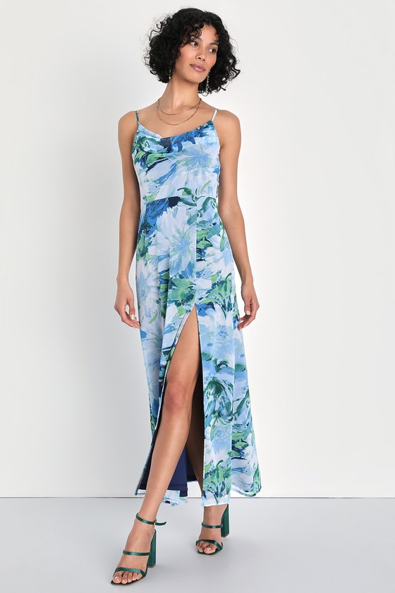Lulus Flowery Passion Blue Floral Print Cowl Neck Midi Dress