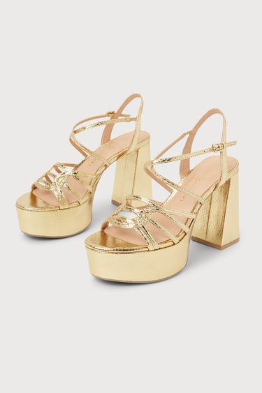 Chinese Laundry No Prob Gold Metallic Snake-Embossed Platform Ankle Strap Sandals