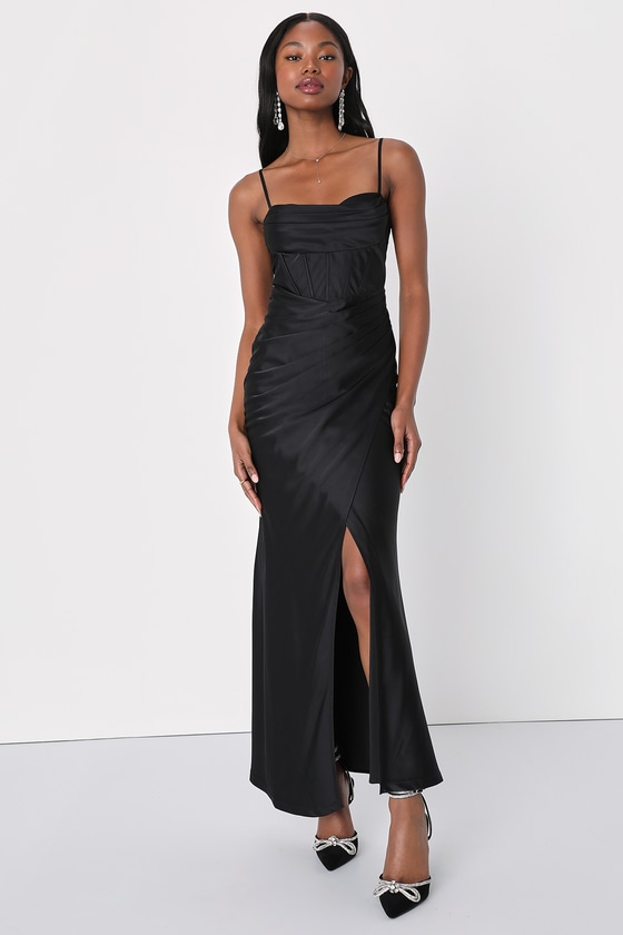 Black Satin Maxi Dress - Satin Bustier Dress - Cowl Mermaid Dress - Lulus
