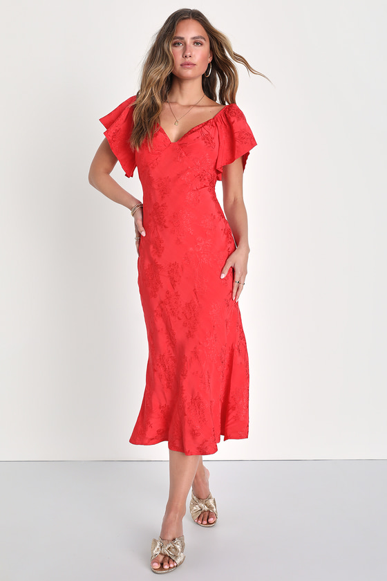 Lulus Effervescent Afternoon Red Satin Flutter Sleeve Midi Dress