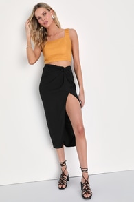 Ideal Confidence Black Cotton Knot Front Midi Skirt