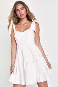 Tier-ly Delightful White Tie-Strap Tiered Bustier Mini Dress