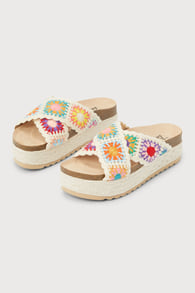 Plays Natural Multi Crochet Espadrille Flatform Slide Sandals