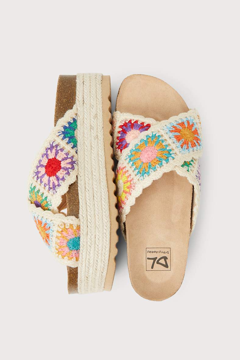 Plays Natural Multi Crochet Espadrille Flatform Slide Sandals