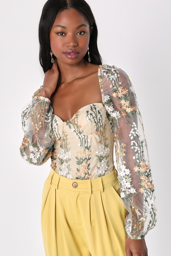 Lulus Essence Of Elegance Beige Embroidered Long Sleeve Bodysuit