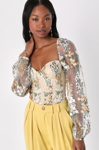 Essence of Elegance Beige Embroidered Long Sleeve Bodysuit
