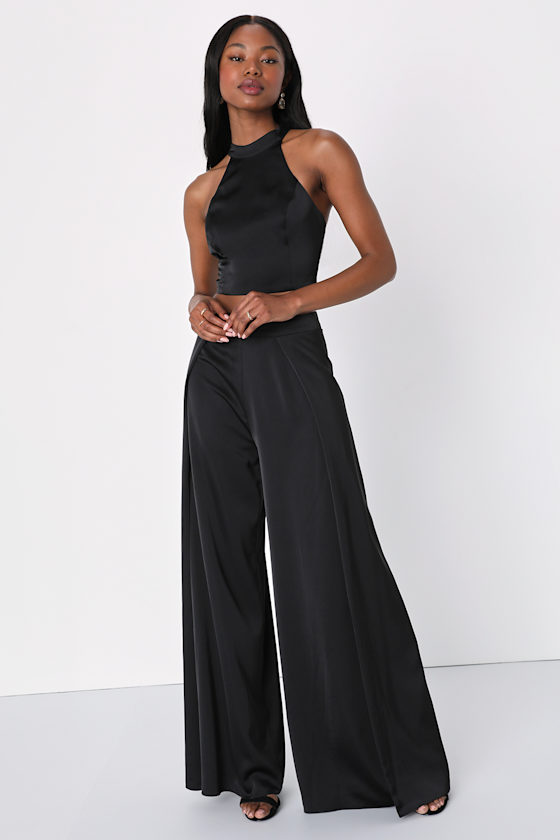 Black Satin Halter Jumpsuit - 2PC Jumpsuit - Wide-Leg Jumpsuit - Lulus