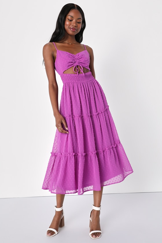 Lulus Flirting With Sunshine Purple Swiss Dot Cutout Tiered Midi Dress
