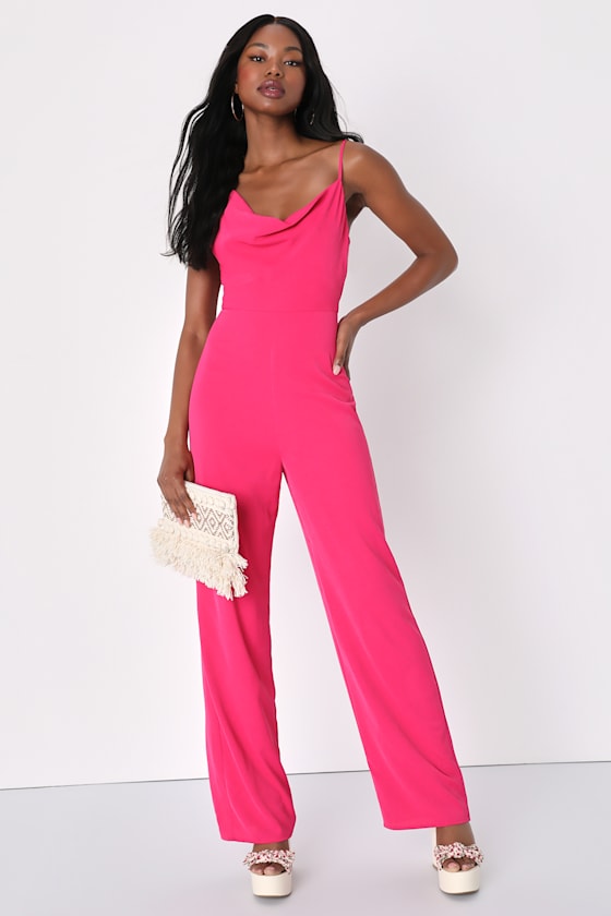Fuchsia Jumpsuit Asymmetrical Jumpsuit Cowl Neck Jumpsuit Lulus