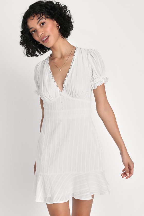 Lulus Vibing In Venice White Ruffled Puff Sleeve Mini Dress