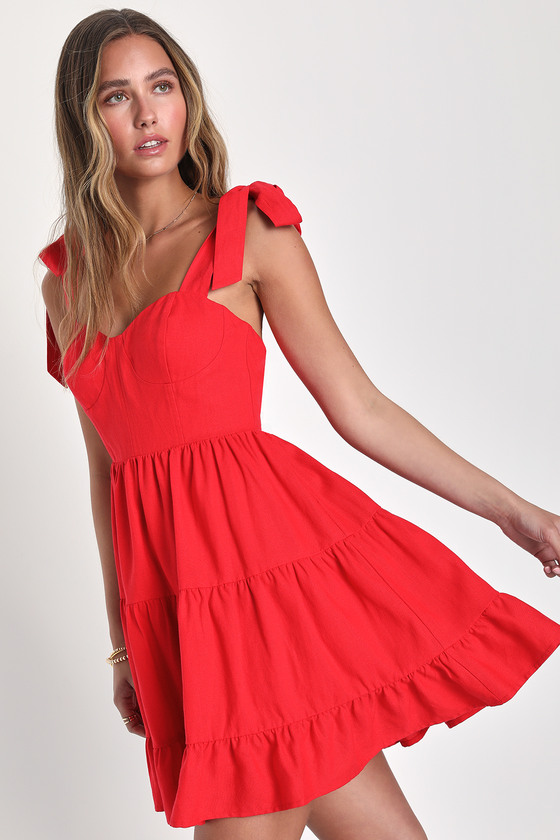 Tier-ly Delightful Red Tie-Strap Tiered Bustier Mini Dress