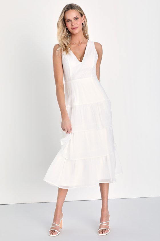 Lulus Tier To Adore White Tiered Organza V-neck Midi Dress