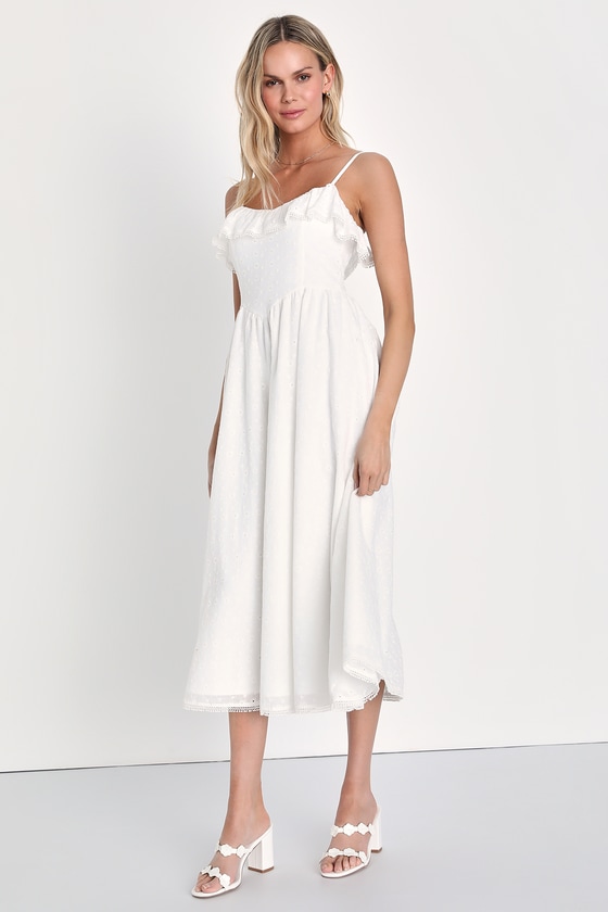 Lulus Sunny Santorini White Ruffled Eyelet Embroidered Midi Dress