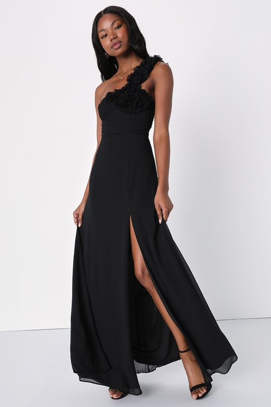 Lulus Elegant Invite Black Ruffled One-shoulder Pleated Maxi Dress