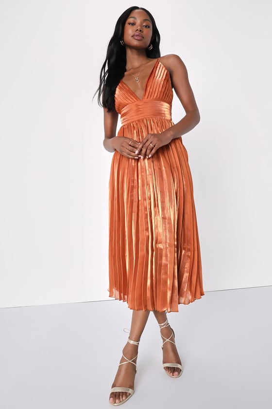 Romantic Aesthetic Shiny Rust Orange Pleated Midi Dress