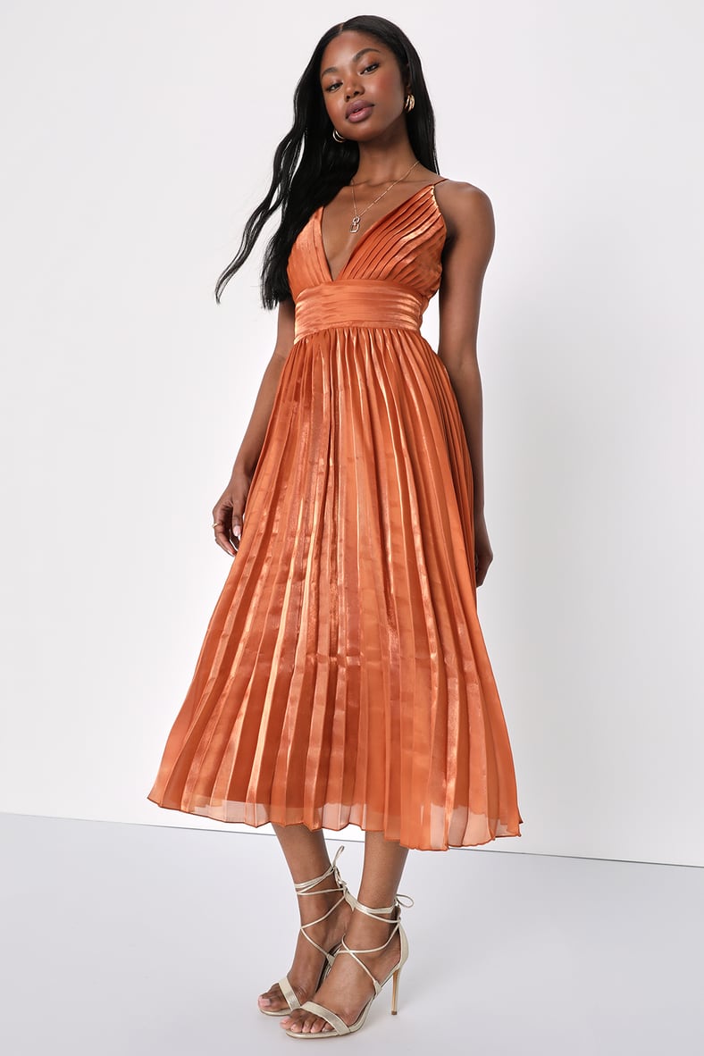 Romantic Aesthetic Shiny Rust Orange Pleated Midi Dress