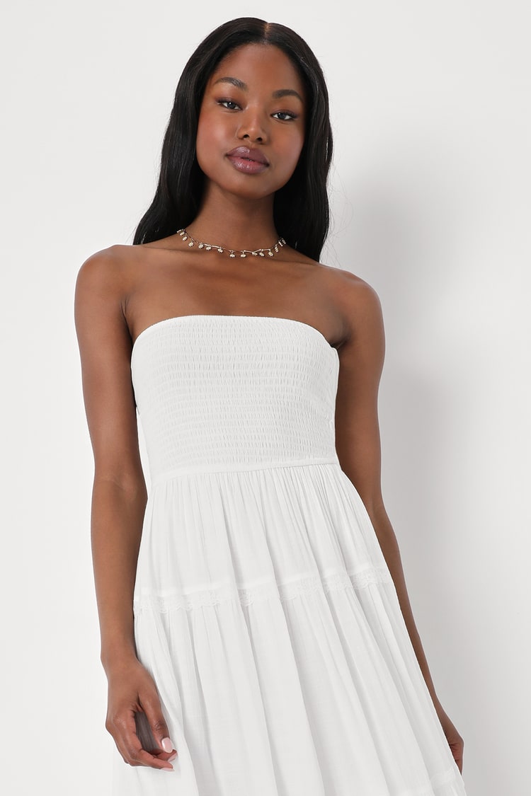 White Strapless Midi Dress - Tie-Back Dress - Tiered Midi Dress - Lulus