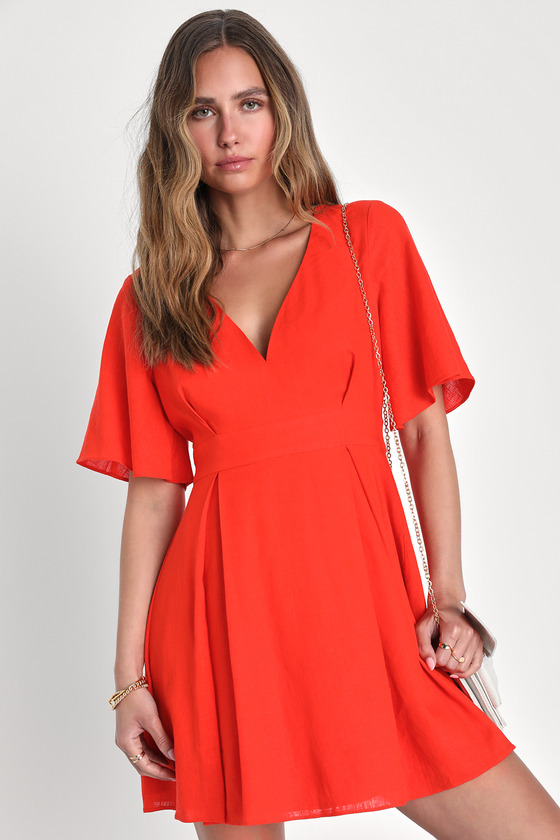 Lulus Simply Adorable Red Orange Pleated Flutter Sleeve Mini Dress