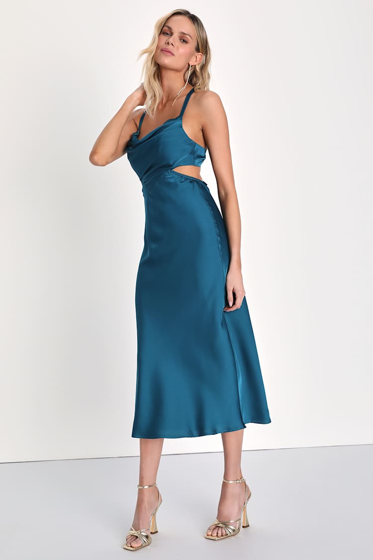 Turquoise Midi Dress - Satin Tie-Back Dress - Cowl Neck Dress - Lulus
