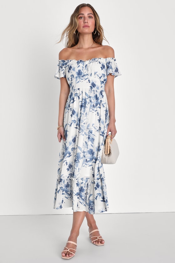 Lulus Delightfully Sweet White Floral Off-the-shoulder Midi Dress