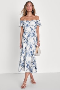 Delightfully Sweet White Floral Off-the-Shoulder Midi Dress